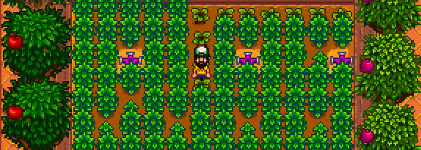 A stardew valley farmer in a trucker hat stands in their Greenhouse, surrounded by coffee plants, fruit trees, and iridium sprinklers