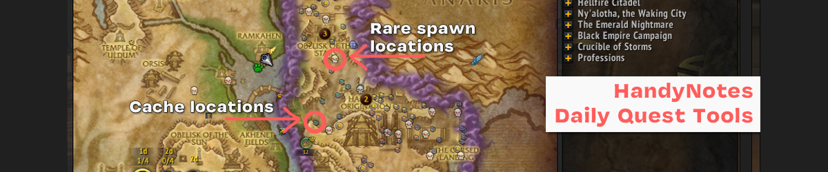 Arrows point to a Skull icon and a Box icon, both represent Rare and Cache locations on the map respectively. These are for 8.3's N'zoth Daily quests which need you to kill rare mobs and open caches, which aren't always available, so their locations are shown instead.