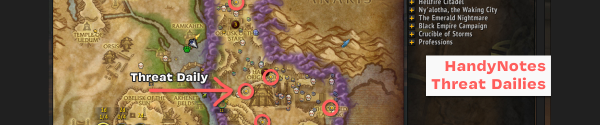 An arrow points to icons on the World of Warcarft map, showing that the yellow 'dot' icons represent where Threat Daily Objectives are located