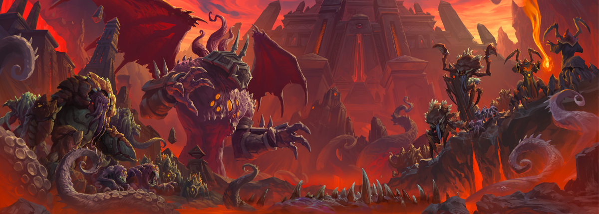 N'Zoth's minions, covered in spikes, eyeballs, and old-god-like features are crawling over mountains and crags in the earth, approaching the camera