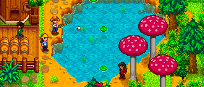 Two characters fish from a lake in a blissful stardew valley farm scene with a windmill and forest.