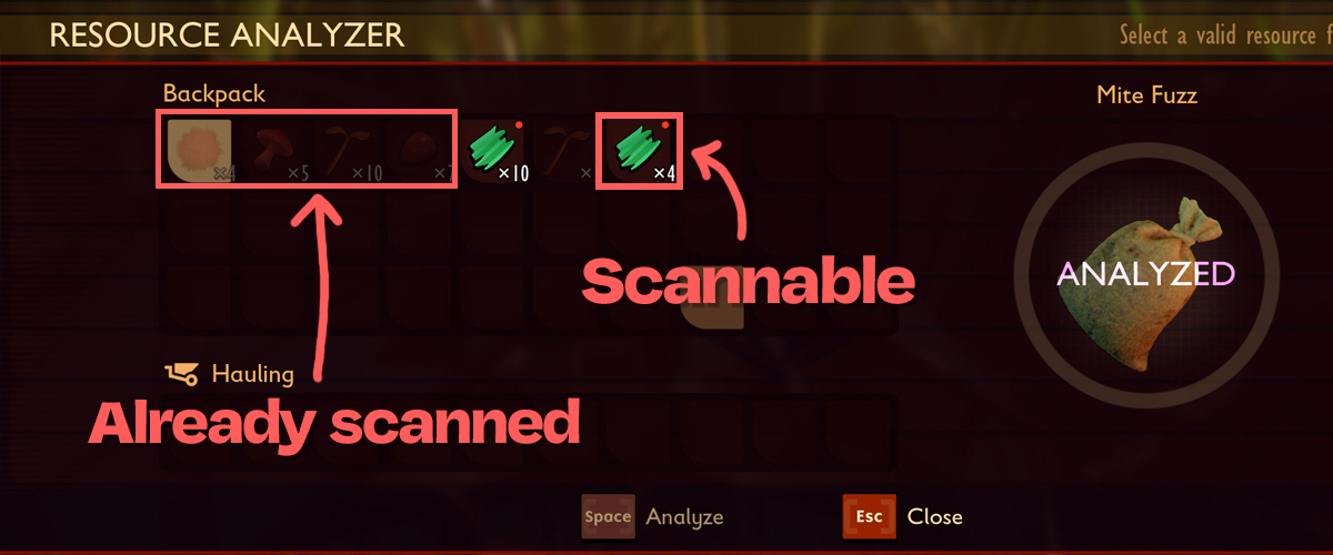 A view of the 'research' screen within Grounded. It shows faded items as being 'already scanned' and solid items being 'scannable'. It also shows off time until next research.