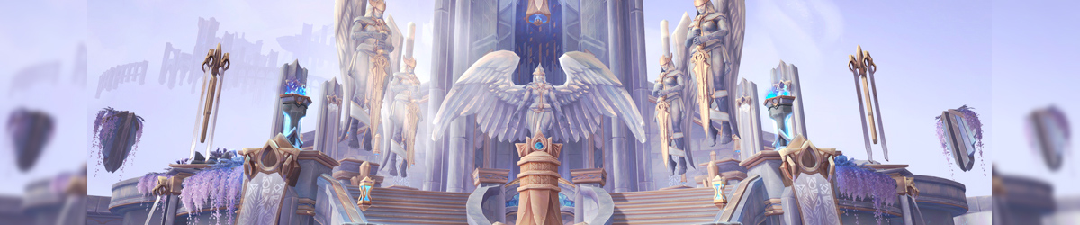 Angelic statues of Batsion rise above the background with wings spread, weapons held, and bathed in light. They span the courtyard, creating a semi-circle of ominous but welcoming figures in this castle-in-the-sky.