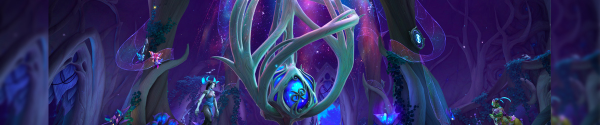 A few dryads walk in front of the twisting, magical branches that make up the purple and blue-hued trees of the Night Fae area.