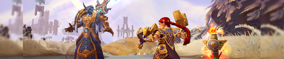 A void elf priest priest on the left begins casting a spell as a female dwarf enhancement shaman readies her weapons with a flaming totem in the background.