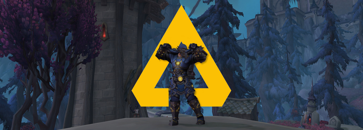 A warrior clad in blue flexes his arms upwards as a show of strength while standing in front of the yellow logo of WoWAnalyzer, which an upwards arrow inside of a yellow A.