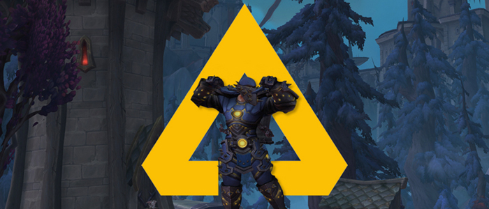 A warrior clad in blue flexes his arms upwards as a show of strength while standing in front of the yellow logo of WoWAnalyzer, which an upwards arrow inside of a yellow A.