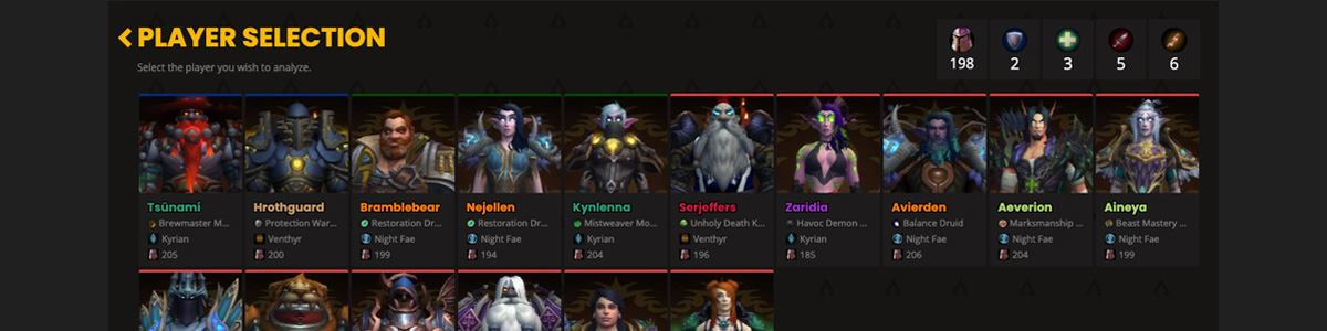 A screenshot from WoWAnalyzer showing headshots of each member of the raid within the logs. They are color-coded by role and lined up like a series of baseball cards.