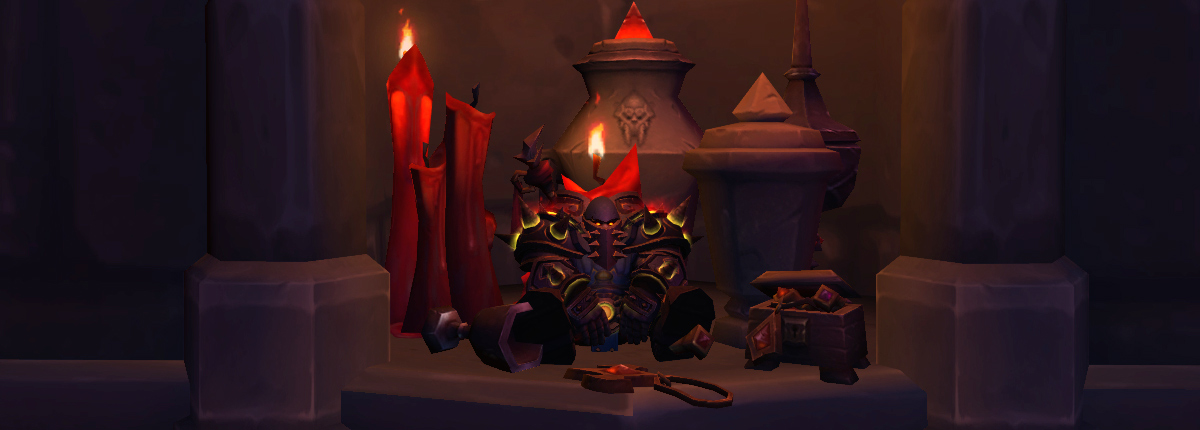 A plate-wearing warrior plops down, sitting with his legs spread in a concret inset in the wall. The inset contains large urns, an amulet, and lots of large burning candles, creating a feeling of brooding ambiance.
