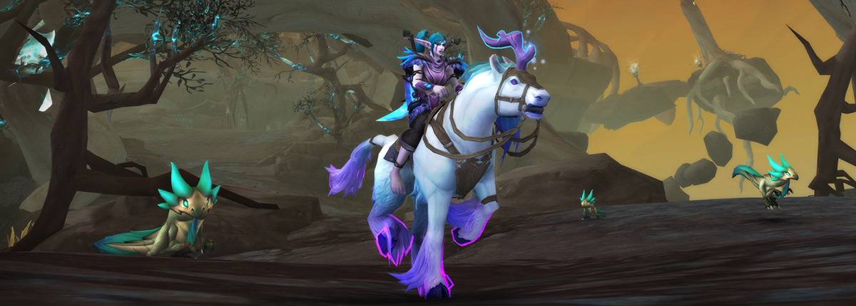 A purple haired night elf rides a similarly colored purple unicorn through a desert-like landscape. It's a floating isle of rock tethered to other floating rocks via large chains. Bizarre creatures from another realm scatter the landscape with dead trees to adorn the scenery.