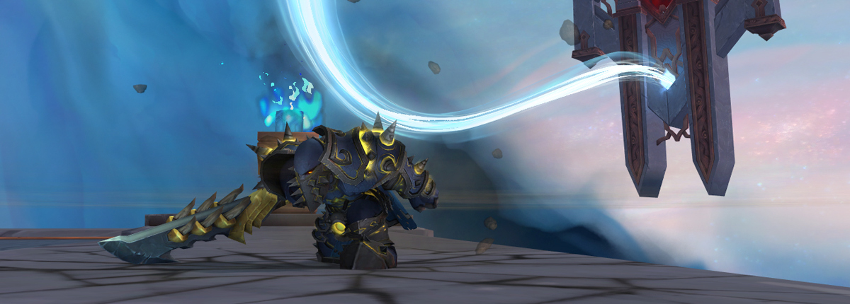 A warrior clad in full plate armor lands with a ground-shattering impact, cracking the ground beneath their feet, their arms spread wide to absorb the blow and catch their balance. The swirling nether of the afterlife's sky adorns the background with twisting tendrils of energy reaches across the horizon.