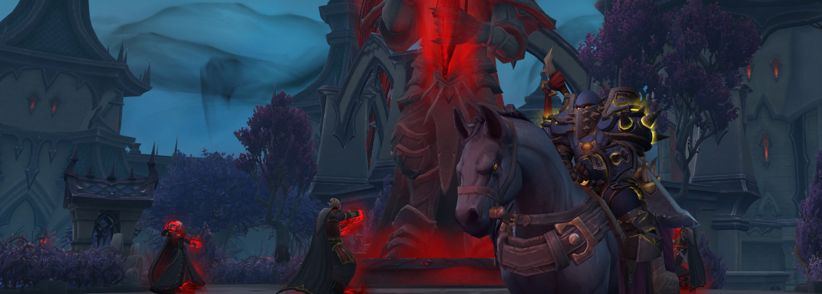 A swath of vampires channel dark magic into a statue exuding red magic in the background while a plate-clad warrior atop a black horse stands ominously in the foreground.