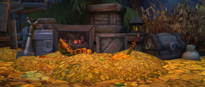 A large pile of gold sprawls across a dirt floor, large sealed wooden crates, jewels, and paintings are behind the gold, containing even more wealth.