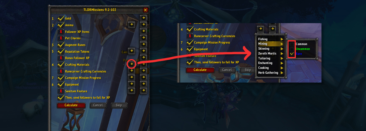 Two images sit side-by-side in front of a darkened background. The left image shows the main settings of the TLDRMissons addon, while the right shows a detailed list of subcategories which illustrate the common and uncommon options being unchecked.