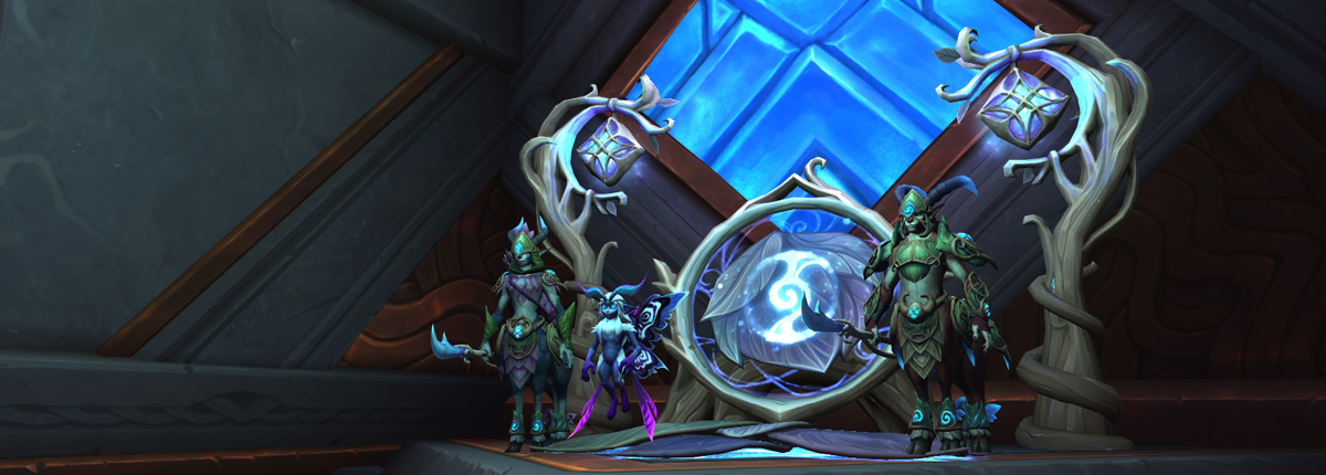 A small moth-like creature hovers in the air in front of two centaur guards. All of them stand atop a raised platform with a large mystical dreamcatcher behind them in a dark room. They are illuminated by a large, glowing crystal faceted into the wall behind them.