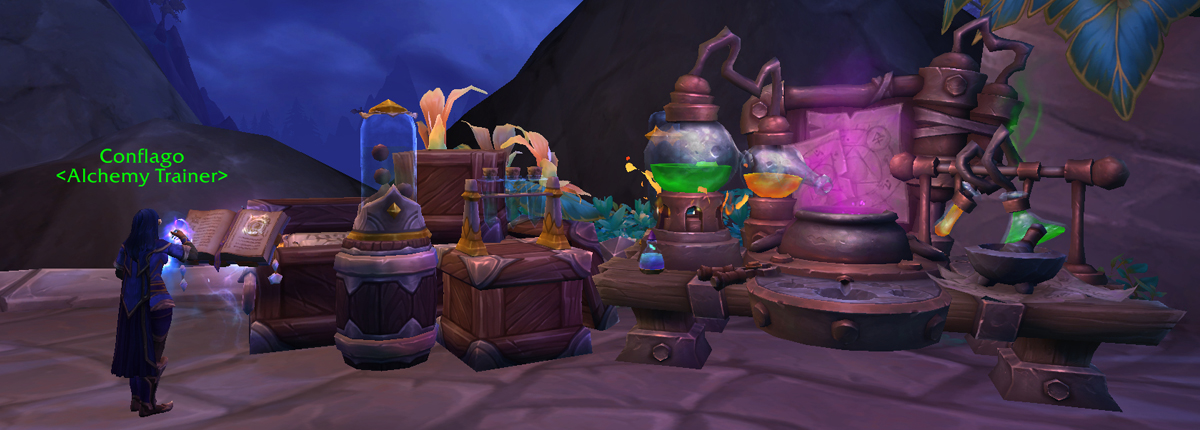  A mage toils over their potion in front of an alchemical station filled with bubbling potions, beakers, vials, and lots of colorful liquids boiling about.