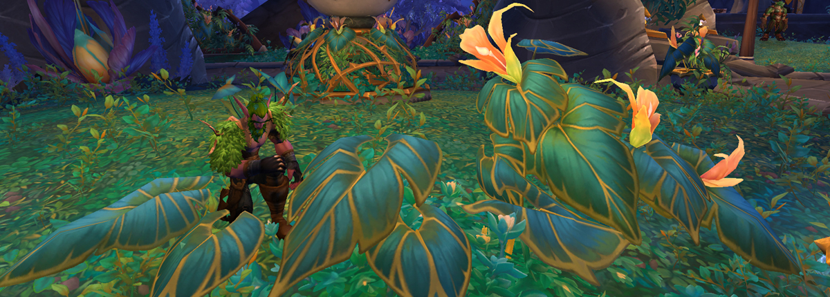 A Night Elf with a bough of leaves in its hair bows down to care to a large flowering plant with leaves the size of night elf's torso, the scene is lush with greenery and topped with a flowering orchid.