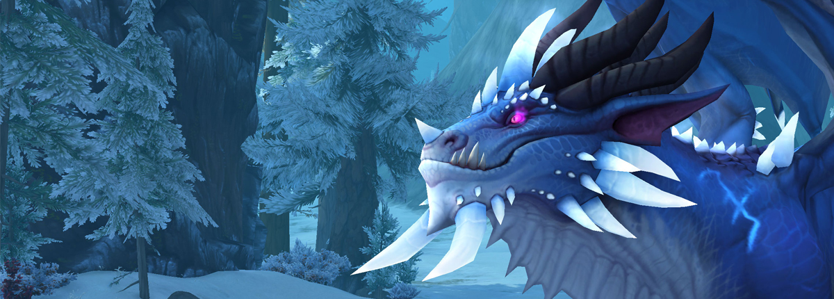 A large blue dragon stands in front of a frosted ice environment.